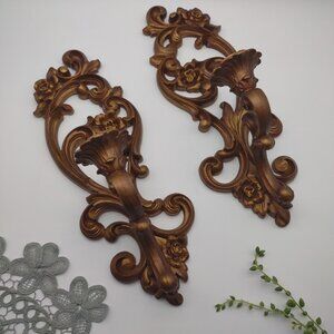 Vintage Pair 1970s Homco USA 15" Ornate Floral Resin Wall Sconce Candle Holders